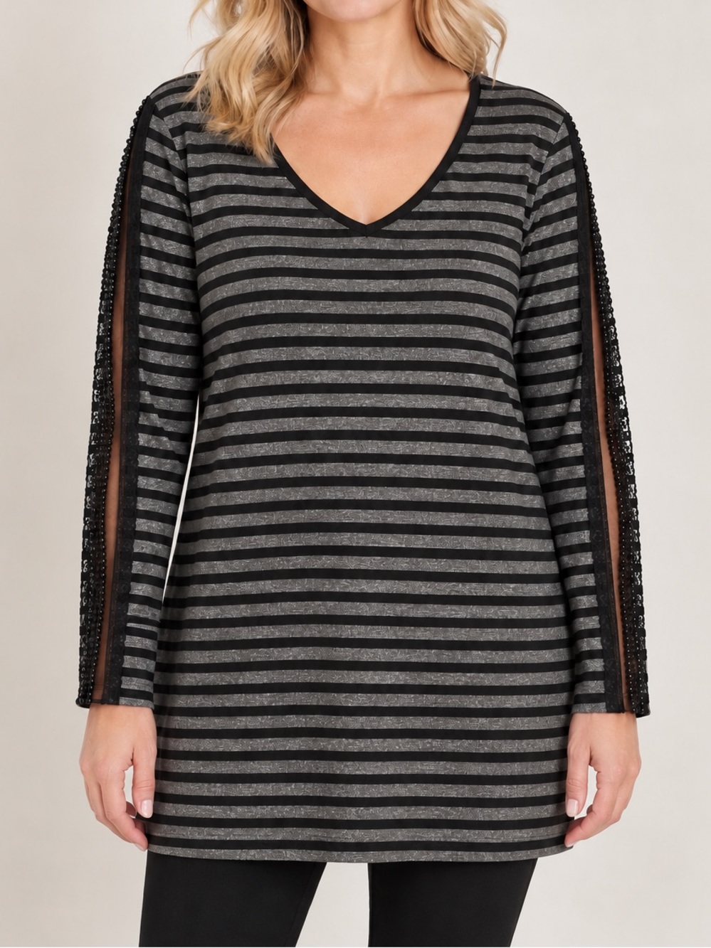 Yest Metallic Striped Black Gray Tunic Top Lace Beaded Sleeve Stretch V Neck 8